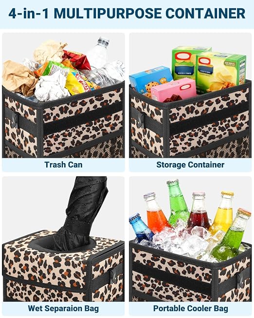 Capolo Car Trash Can with Lid, Leakproof Car Trash Bag Hanging Waterproof Automotive Garbage Can with Storage Pockets Mini Vehicle Trash Bin for Back/Front Seat(Leopard,3 Gallon)
