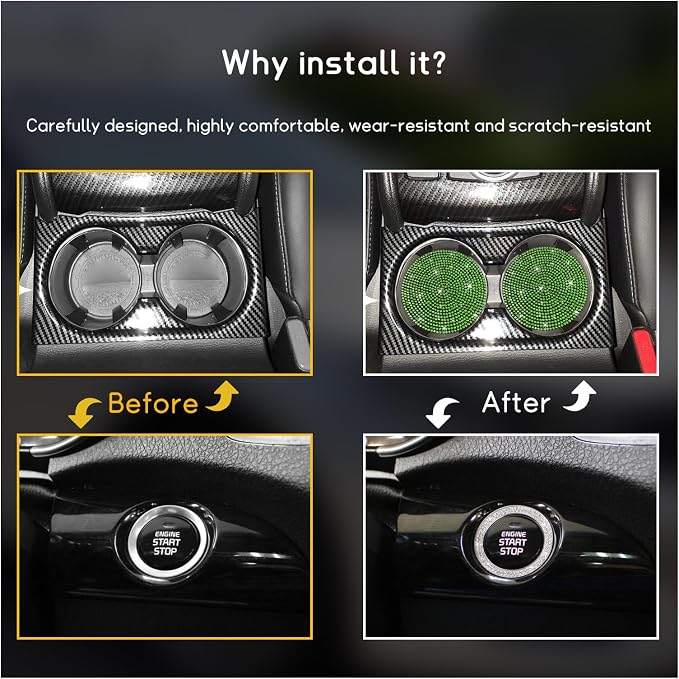 Ziciner 2 Pack Bling Car Cup Holder Coaster, Anti-Slip Auto Insert Coaster with Start Stop Button Cover, Universal Shiny Crystal Vehicle Interior Accessories for Women and Girls (Light Green)
