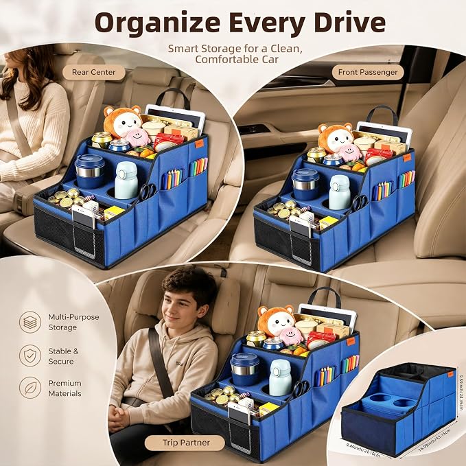 Car Seat Organizer Back Front Captains Seats Storage Travel | Car Organizer, Back Seat Car Organizer, Car Seat Organizer Front Seat – 9 Compartments, 2 Cup Holders – Foldable