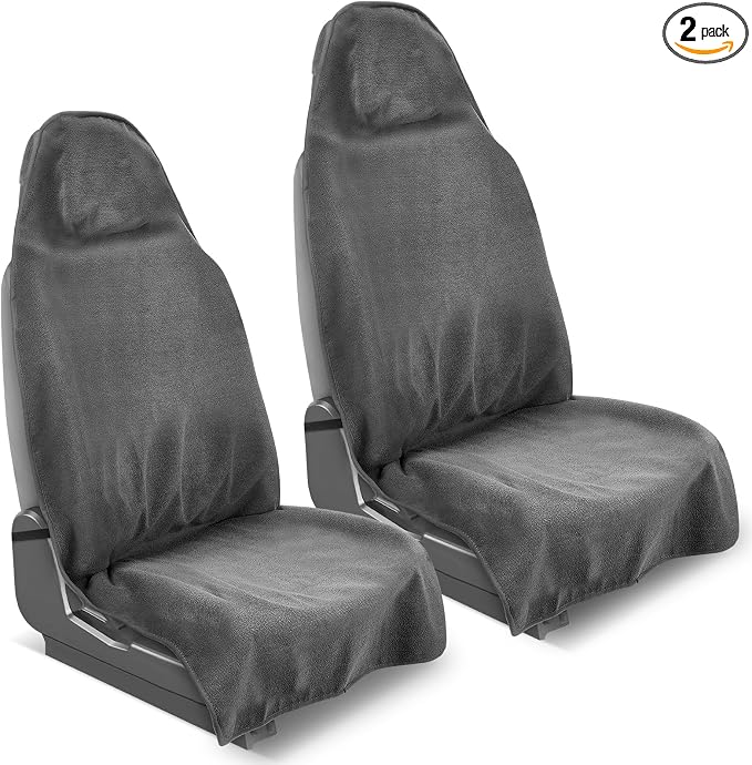 Waterproof 2 Pack Car Seat Towel Covers(Grey, 2 Pcs) | Non-Slip Sweat Absorbent, Universal Fit Front Bucket Seat Cover, Washable Towel Seat Protector
