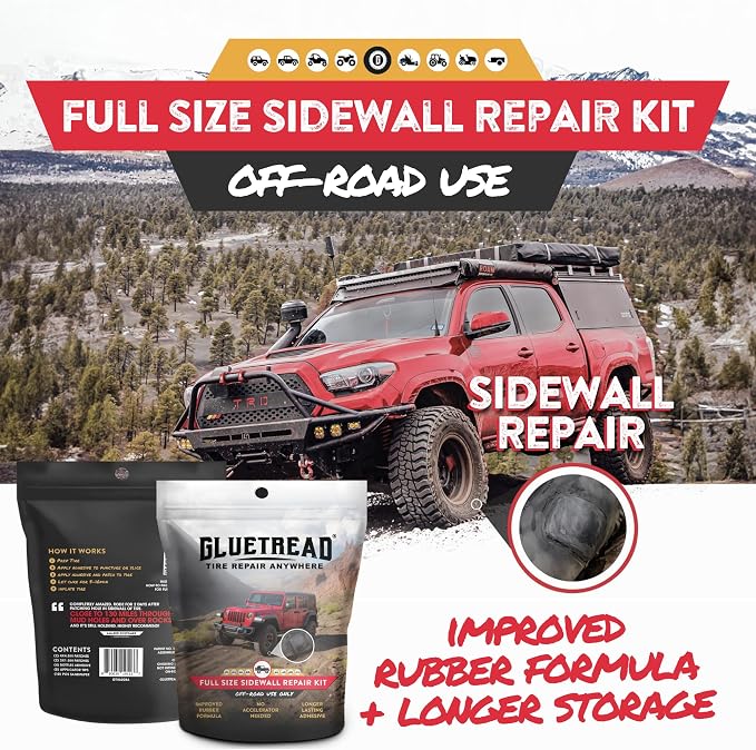 GlueTread Full-Size 4x4 Sidewall Tire Repair Kit | Sidewall Tire Patch Kit Puncture Repair Kit for Off-Road 4x4 Vehicles | Improved Rubber Formula No Accelerator Needed 10 Minutes Curing Time