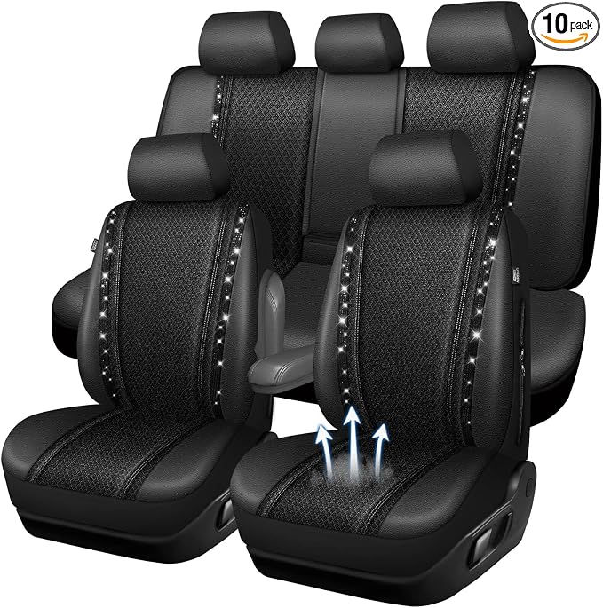 CAR PASS Memory Foam 3D Mesh Bling Diamond Car Seat Cover Full Set Breathable Soft Sponge Universal Shining Glitter Sparkly Crystal Armrest Fit Automotive Truck SUV Cute Women Girl, Black Rhinestone