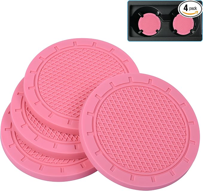 Car Coasters, Wisdompro 4 Pack PVC Car Cup Holder Insert Coaster - Anti Slip Universal Vehicle Interior Accessories Cup Mats for Women(Diameter 3", Pink)
