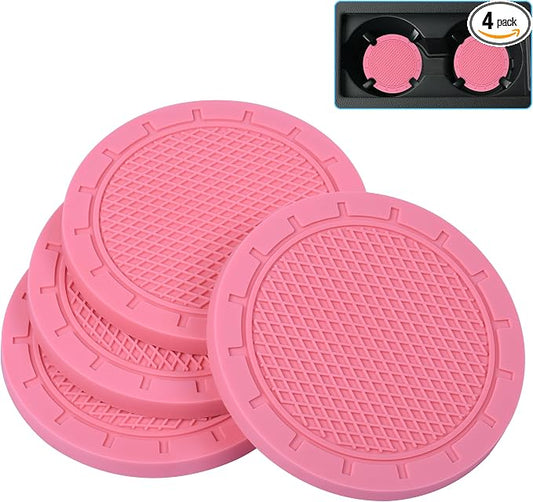 Car Coasters, Wisdompro 4 Pack PVC Car Cup Holder Insert Coaster - Anti Slip Universal Vehicle Interior Accessories Cup Mats for Women(Diameter 3", Pink)