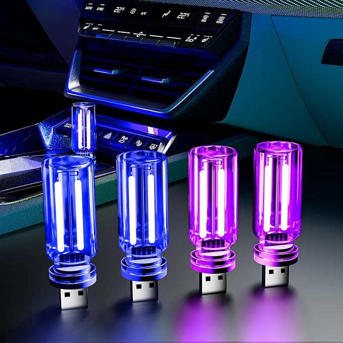 4 PCS USB Night Light Bulb,Touch Dimmable Retro Car Interior Ambient Light | Portable Glass Bottle Design Chubby Glow Light for Car, Truck , Bedroom, 2 Blue and 2 Purple Ambient Lighting