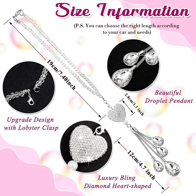 Frienda Bling Car Rear View Mirror Accessories for Women Gift Cute Heart Crystal Hanging Charm Diamond Decoration Lucky Interior Ornament Pendant(7.5 Inch,White)