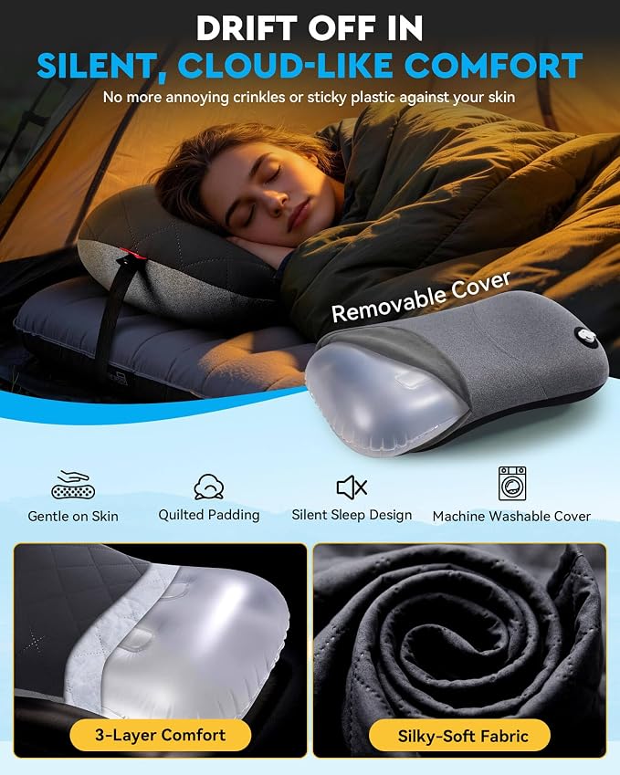 Hikenture Camping Pillow with Removable Cover, Ultralight Inflatable Pillow | Ergonomic Neck Lumber Support, Upgrade Leakproof Backpacking Pillow, Portable Packable for Hiking, Beach, Travel
