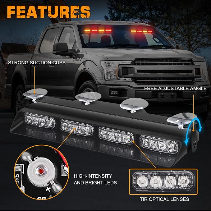 XRIDONSEN 2x 14 inch Amber Red Emergency Dash Lights 32 LED Strobe Lights | Interior Safety Warning Hazard Caution Front/Rear Windshield Light Bar w/ Controller for Construction Vehicles Trucks Car