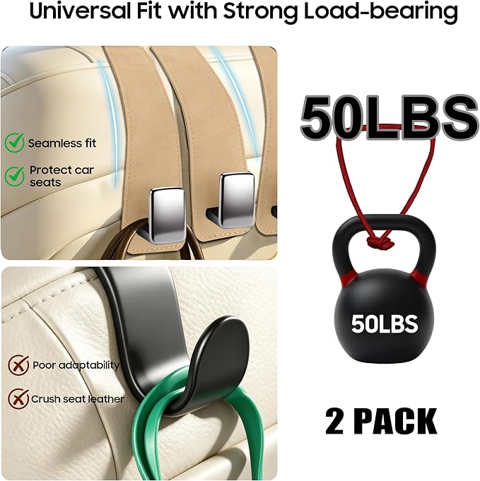 Amooca 2 Pack Car Headrest Hooks, Premium Suede with Metal Hook Car Seat Back Storage Hanger for Purses, Handbags，Grocery Bags - Beige