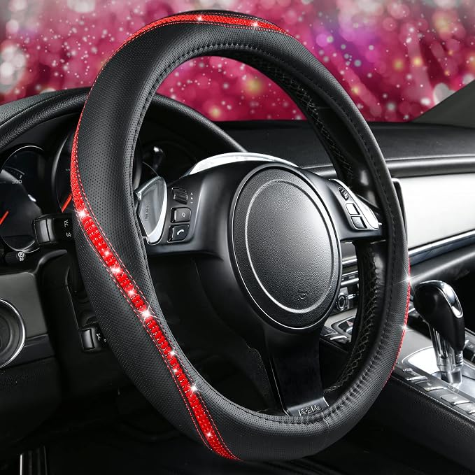 CAR PASS Bling Diamond Black Leather Steering Wheel Cover, Studded Crystal Rhinestones Universal Fit 14" 1/2-15" Glitter for Women Sparkle Girl Fit Suvs,Vans,Sedans,Car,Trucks, Red Diamond