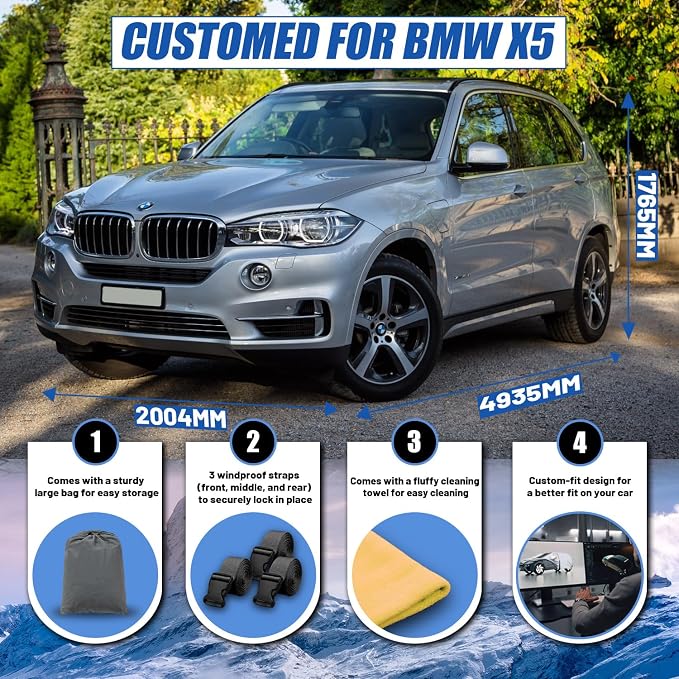 SUV Car Cover Custom Fit for BMW X5 (2007-2026), Waterproof All Weather for Automobiles Full Exterior Cover Rain Sun Snow UV Protector.