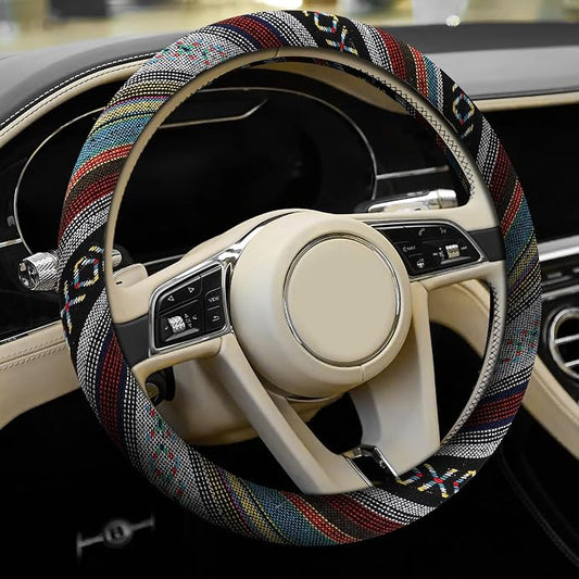 Boho Steering Wheel Cover, Ethnic Style Car Steering Wheel Cover Protector, Anti-Slip Flax Cloth Cover Universal Fits 14.5-15 Inch Steering Wheel, Interior Car Accessories(D Style)