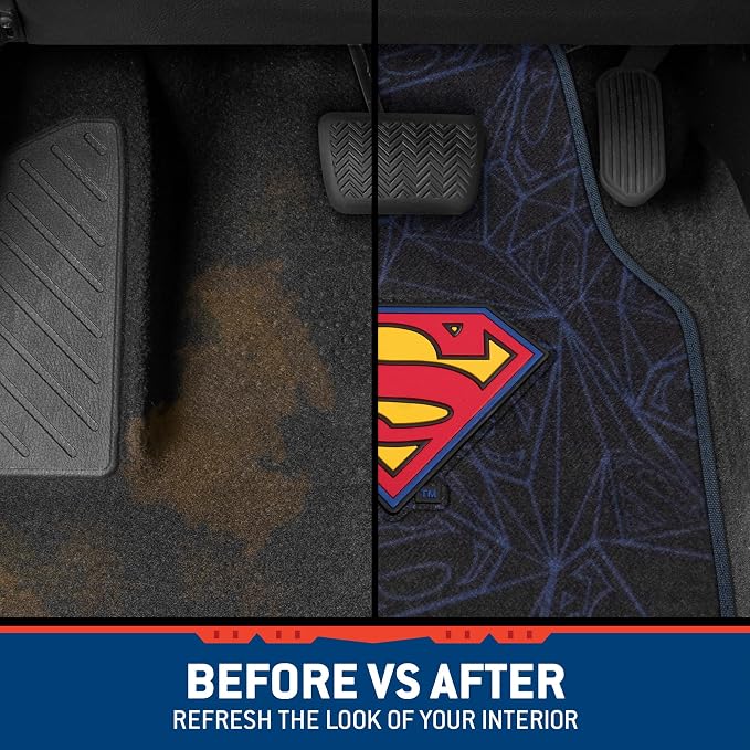 Warner Bros DC Comics Superman 4pc Carpet Floor Mats Car Accessories - Set for Car, Truck, Van, SUV - No-Slip Grip - Universal Fit Front 26" x 16.5", Rear 14" x 16.5"