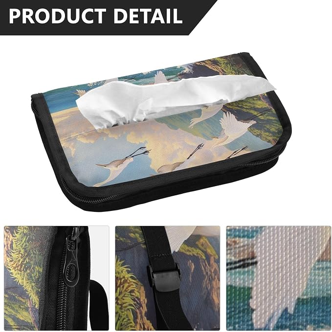 White Egret Fly Coastline Car Tissue Holder Durable Napkin Holder Hanging Tissue Holders Case Car Tissues Bag for Sun Visor Seat Back Universal Auto