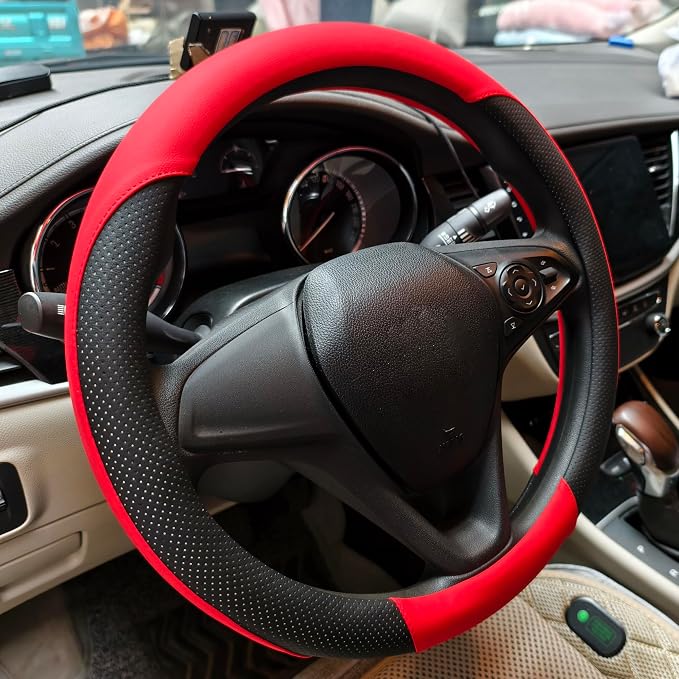 Breathable Perforated Leather Steering Wheel Cover, Universal 15-inch car Steering Wheel Grip, Soft and Comfortable, Breathable and Non-Slip, Suitable for sedans, Vans, SUVs (Red)