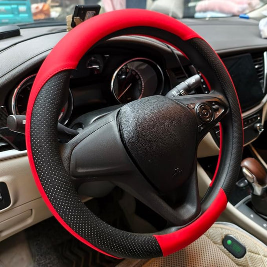 Breathable Perforated Leather Steering Wheel Cover, Universal 15-inch car Steering Wheel Grip, Soft and Comfortable, Breathable and Non-Slip, Suitable for sedans, Vans, SUVs (Red)
