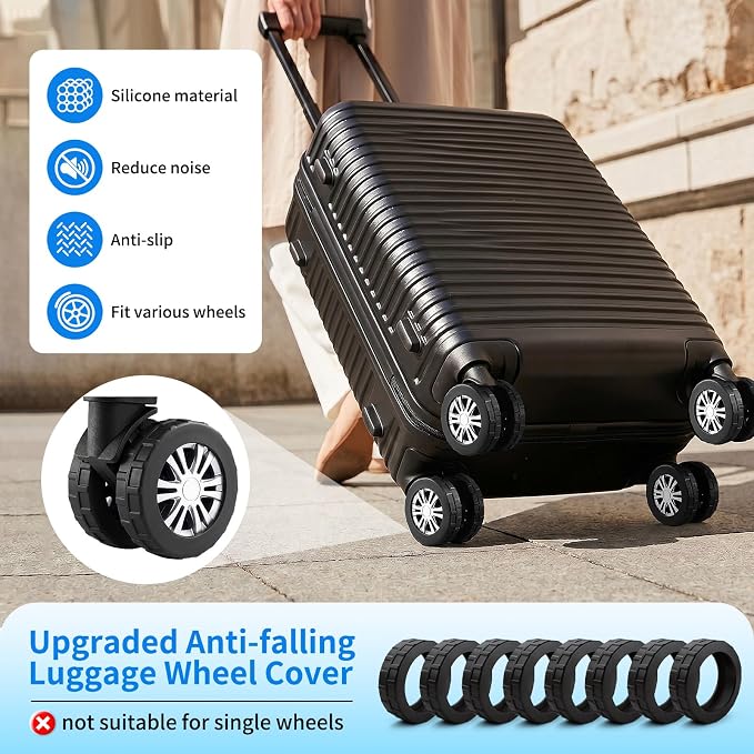 WEDDINGHELPER 8 PCS Silicone Luggage Wheel Covers, Suitcase Wheel Protectors, Anti-Slip Noise Reducing Luggage Wheel Covers Fits 2" - 2.4" for Carry On Luggage Wheels, Black