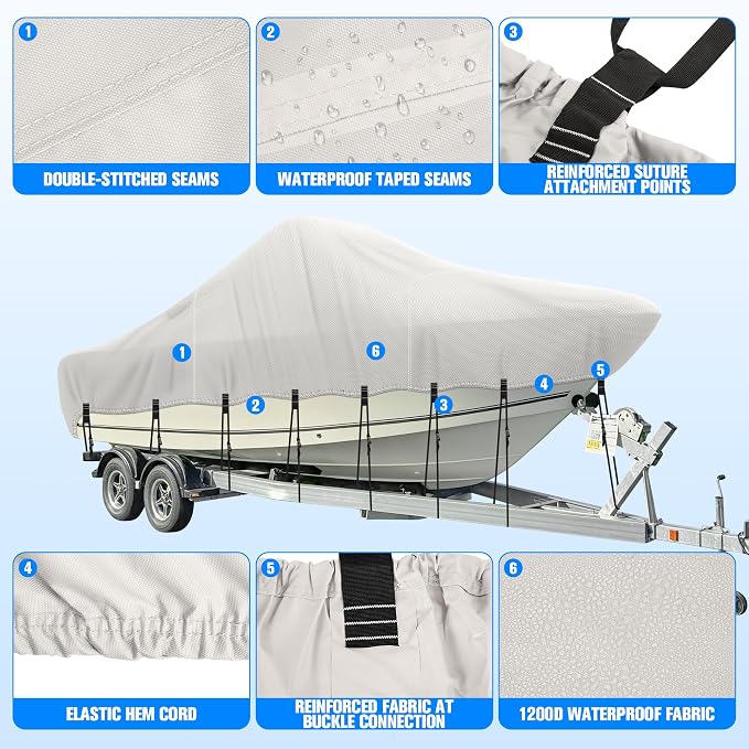 Center Console Boat Cover 20-22ft, 1200D Waterproof Boat Cover with Motor Cover, Trailerable Boat Cover for Center Console Boat, Heavy Duty Marine Grade UV Resistant Polyester Fabric, Gray