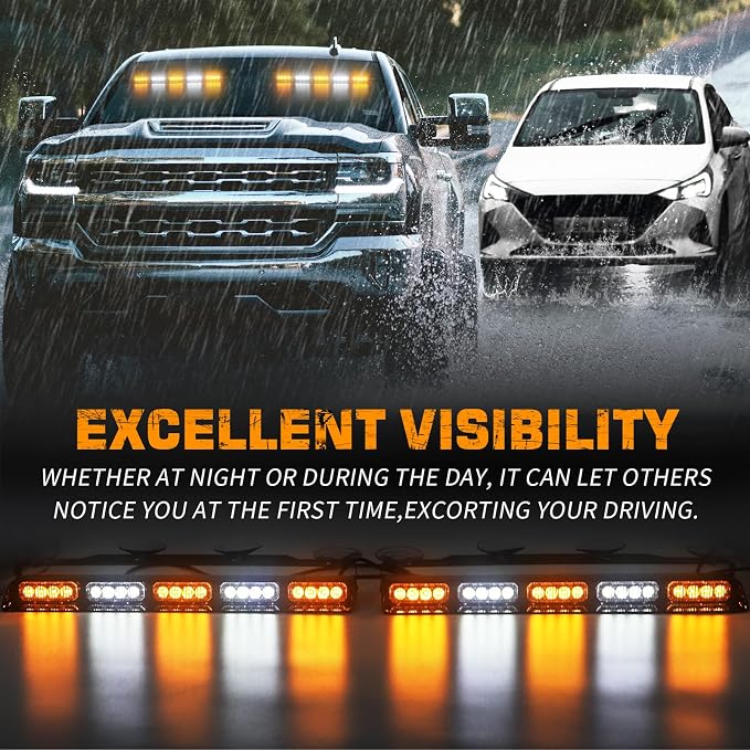 XRIDONSEN 2x 17 inch Dash Strobe Lights for Trucks, 40 LED Emergency Lights | Amber White Safety Warning Hazard Interior Front/Rear Windshield Light Bar w/ Controller for Construction Vehicles Plow Truck