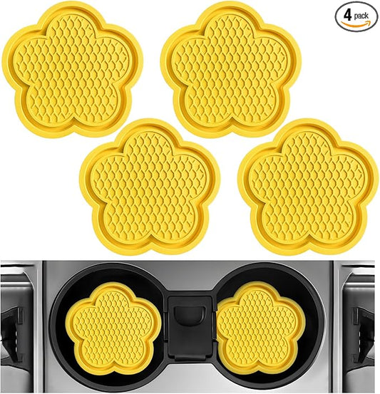 DXNQ 4 PCS Car Cup Coasters, Cute Flower Shaped Car Cup Holder Mat, PVC Waterproof Anti Slip Vehicle Cup Holder Insert Coaster, Universal Car Interior Decor Accessories (Yellow)