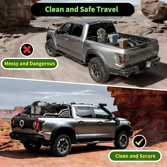 Cargo Net for Pickup Truck Bed, Double Layer, Highly Elastic | Stretchable 4"x4" to 7"x7", Truck Bed Net with 6 Metal Carabiners for Daily Light Loads of Trucks, Vans and SUVs