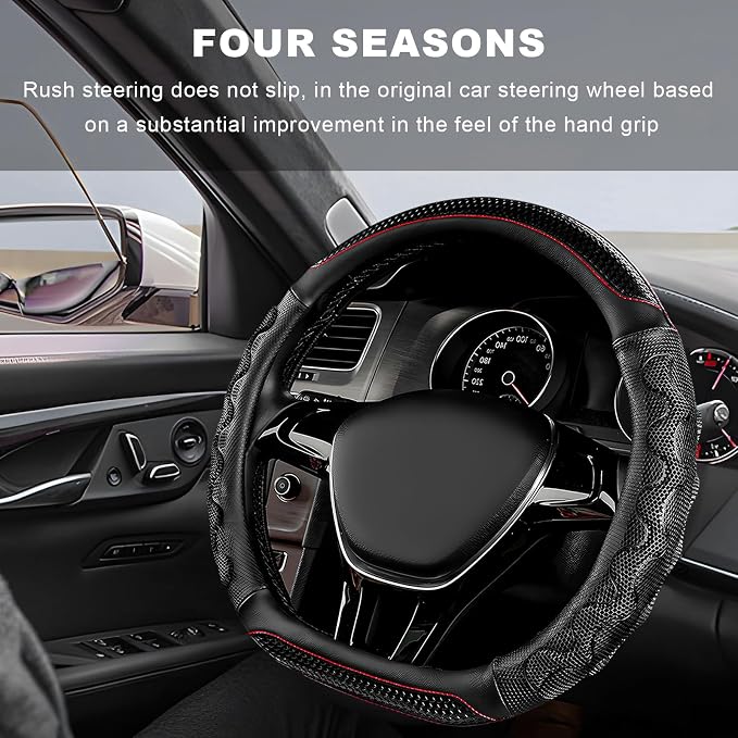 Car Steering Wheel Cover, Anti-Slip Breathable Steering Wheel Protector with 3D Honeycomb Design, Sporty Elastic Protective Cover for 14.5-15 Inch Flat Bottom Steering Wheels (Black)