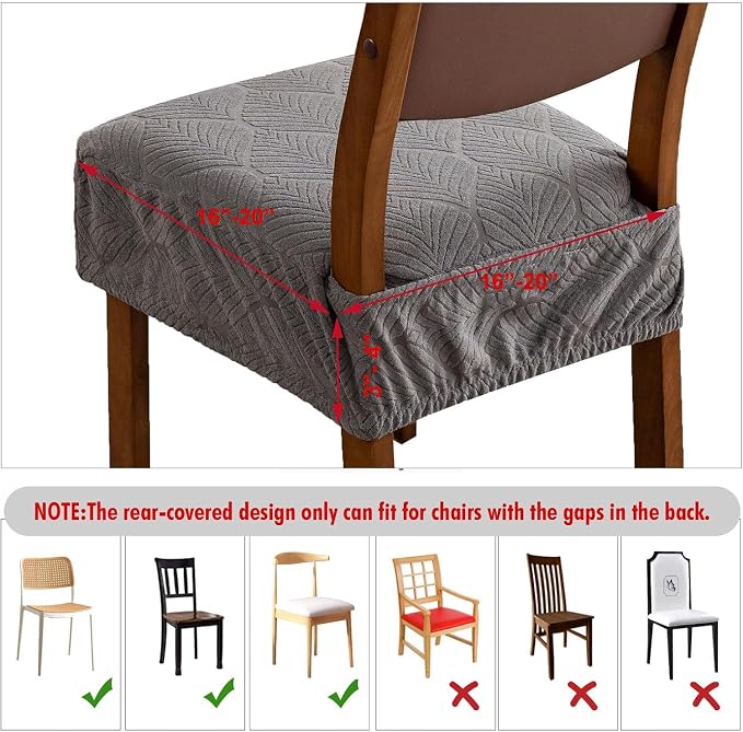 Removable Washable Dining Chair Seat Covers Set of 6,Stretch Jacquard Chair Seat Cushion Protector Slipcovers, Rear Covers