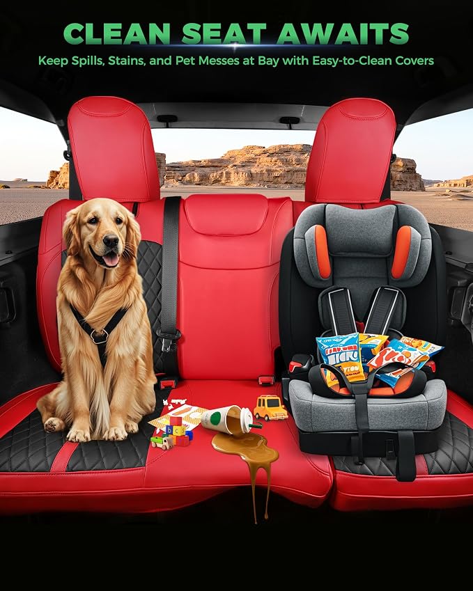 for Jeep Wrangler Seat Covers 4Door JL 2018 2019 2020 2021 2022 2023 2024 2025 2026, Custom Fit Car Seat Cover Full Set, Luxury Waterproof Leather Protectors, Red Black, W/O Rear Cup Holder