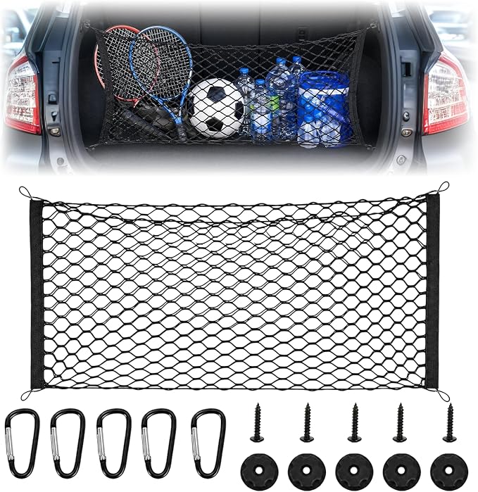 Stretchable Elastic Trunk Cargo Net with 4 Heavy-Duty Hooks, Adjustable Car Storage Net for SUVs, Trucks, and Hatchbacks, Secures Luggage, Groceries, and Tools from Shifting
