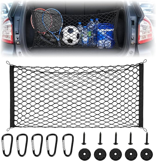 Stretchable Elastic Trunk Cargo Net with 4 Heavy-Duty Hooks, Adjustable Car Storage Net for SUVs, Trucks, and Hatchbacks, Secures Luggage, Groceries, and Tools from Shifting