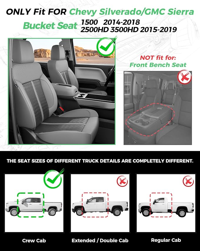 Custom Leather Seat Covers for 2014-2018 Sierra/Silverado 1500 | Only Crew Cab, Fits 2500/3500HD 2015-2020, no Rear Armrest/Seatback Storage, Waterproof, Scratch-resistant, Easy-clean