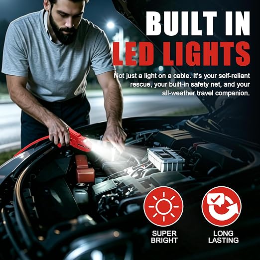 Heavy Duty Jumper Cables,6 Gauge 16 Feet Booster Battery Cable,Automotive Wires with LED Light,Alligator Clips,Carrying Bag,Safety Gloves and Iron Brush for Cars Truck