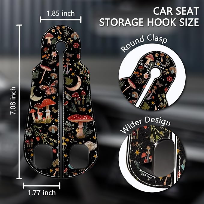 Blusabaca 2PCS Car Seat Back Storage Headrest Hooks, Mushroom Moon Purse Holder Bags Hanger, PU Leather Double Metal Hook for Backseat Organizer, Women Car Accessories Organization