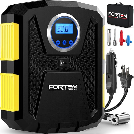FORTEM Tire Inflator Portable Air Compressor, Air Pump for Car Tires and Bikes, Car Tire Pump w/Auto Shut Off, 150 PSI, 110V AC 12V DC, LED Light, Carrying Case, Perfect For Men, Women