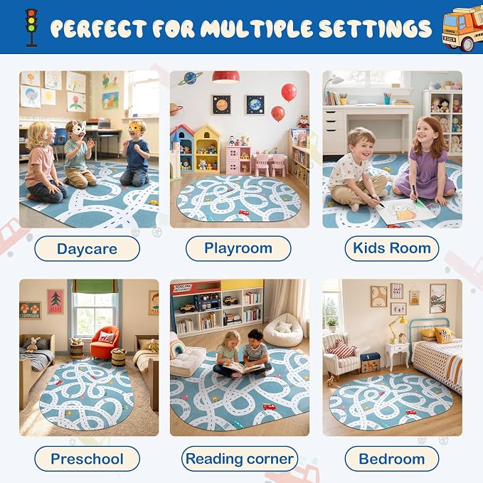 STARUIA Large Kids Playroom Rug, 4'x6' Washable Road Rug for Nursery, Non-Slip Fun Area Rugs for Kids Room, Blue Car Rugs Play Mat Soft Baby Carpet for Boys Girls Dorm Toy Room Tent