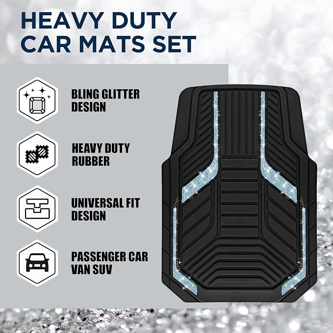 PIC AUTO Car Floor Mats, Light Blue Sparkly Crystal Bling Glitter Car Mats Set, Front and Rear Heavy Duty Rubber Car Mats with Anti-Slip Backing, All Weather, Trim-to-Fit for SUVs, Trucks, Sedan, Vans