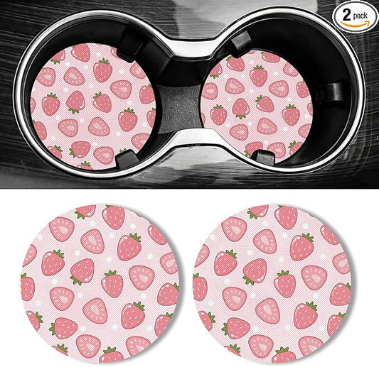 WOCOCN Car Coasters for Cup Holders - 2 Pack 2.75" Universal Rubber Car Cup Coaster, Non-Slip Waterproof Car Interior Accessories, Cute Car Decor Gifts for Women and Men (Sweet Strawberry)