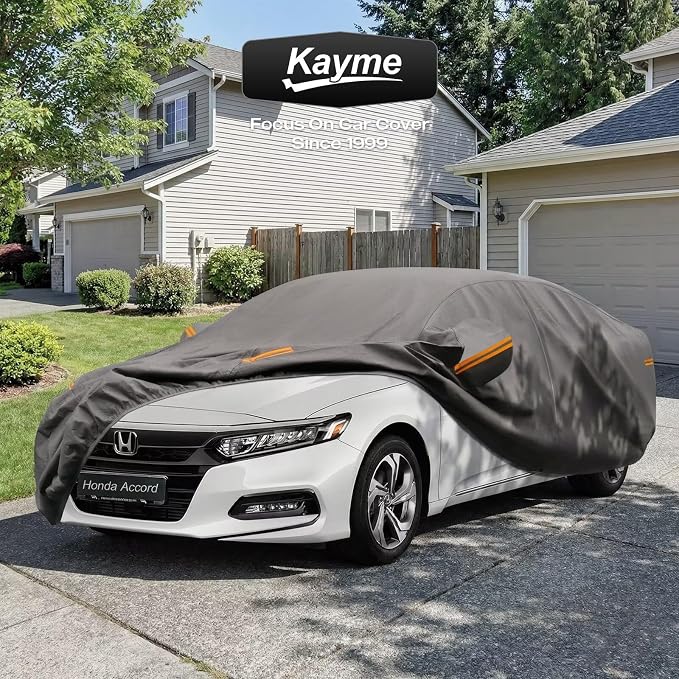 Kayme Heavy Duty Car Cover Custom Fit Honda Accord 2001-2026, Waterproof All Weather Outdoor Full Protection, Sun Rain UV Resistant with Zipper Door and Windproof Straps.