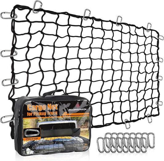 Seven Sparta Large Cargo Net for Truck Bed 5'x 7' Stretches to 10' x 14' | Latex, Large Size, With 16 D Clip Carabiners, For Truck Bed/Pickup Bed/Trailer/Trunk/SUV/Roof Racks/Pool Floats/Lorry/Storage