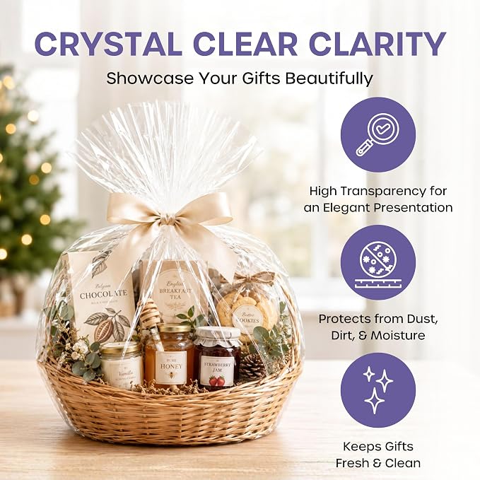 volila Large Cellophane Bags for Gift Baskets - 10 Pack (30 in x 40 in) Clear Gift Wrap for Gift Baskets, Floristry, Party Favors and Food Packaging