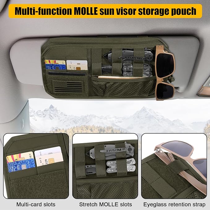 Car Sun Visor Organizer, Tactical Sunvisor Organizers Storage Covers for Trucks, Molle Panel with Pockets Zipper Visor Storage Pouch Accessories, Fits Most Vehicles, SUVs & Jeeps (RG-NEW)