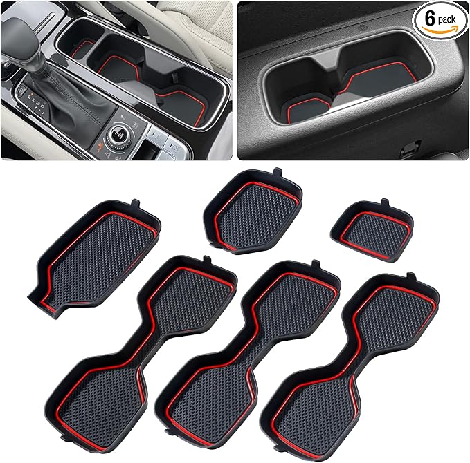 Cup Holder Coaster for Kia Telluride Accessories 2020-2022 2023 2024 2025 | 3D Silicone Cup Holder Insert Mat, Non-slip Center Console Pad, Telluride Interior Accessories Decoration, Red Trim, 6pcs Kit