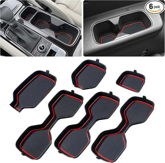 Cup Holder Coaster for Kia Telluride Accessories 2020-2022 2023 2024 2025 | 3D Silicone Cup Holder Insert Mat, Non-slip Center Console Pad, Telluride Interior Accessories Decoration, Red Trim, 6pcs Kit