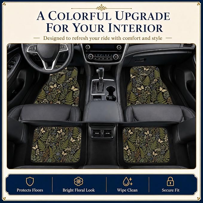 Butterfly Fern Car Floor Mats Set of 4 Dark Botanical Wildflower Car Accessories Foot Mats Rugs, Non-Slip,Decor for Universal Fit for Suvs Sedans Trucks Cars Auto Floor Carpets Rugs All-Weather