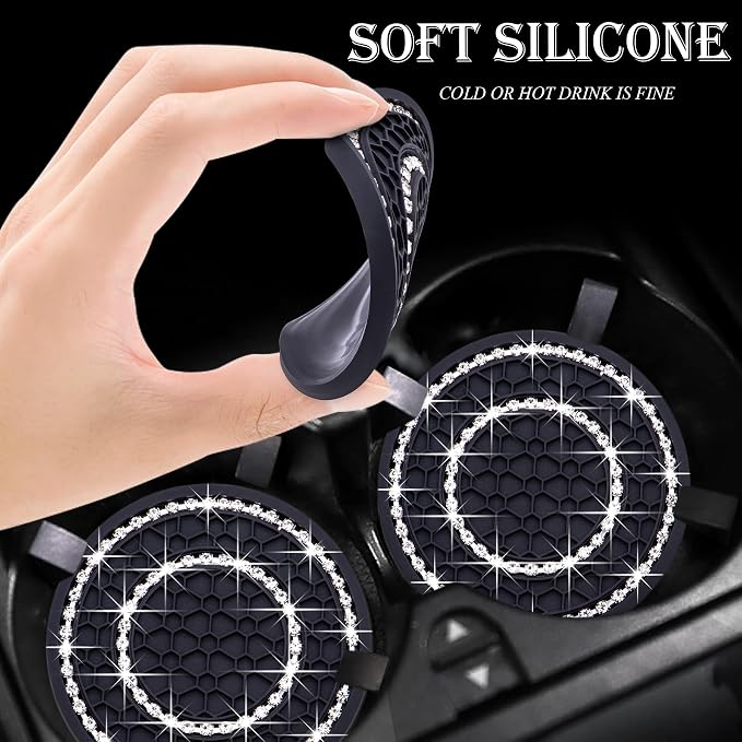 2PCS Bling Crystal Rhinestone Cup Holder Coaster, 2.75 inch Soft Silicone Anti-Slip Shockproof, Car Cup Holder Insert Coasters, Universal Car Interior Accessories for Women (Black & White)