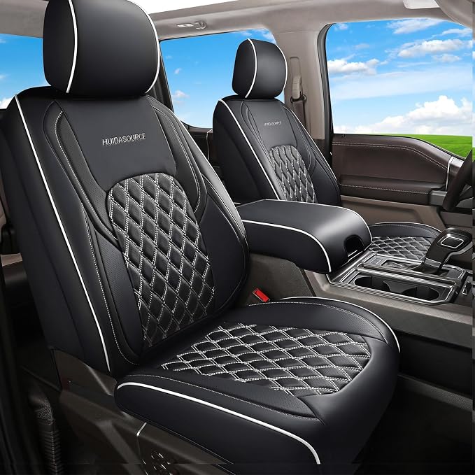 Huidasource Car Seat Covers Fit for Truck Chevy Chevrolet Silverado GMC Sierra 1500 2007-2026, 2500HD 3500HD 2015-2026 Crew Double Extended Cab, Leather Seat Accessories (Front Pair/Black&White)