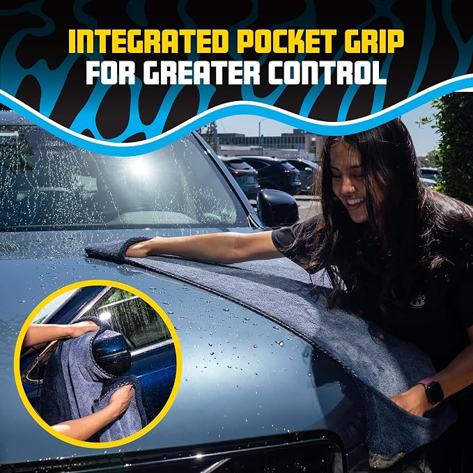 Chemical Guys Twisted Loop Microfiber Drying Towel with Hand Pockets | Megalodon Built-in slots give a secure grip, full control while you safely clean your car, 24"x36"