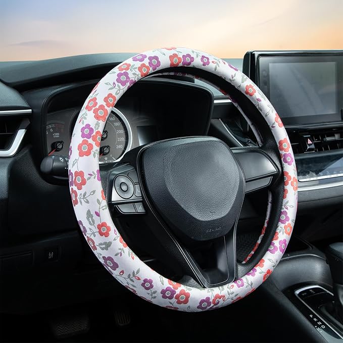 Colorful Flowers Steering Wheel Cover Auto Jacquard Steering Wheel Protector, Anti-Slip, Breathable, Absorbing Sweat, Universal Car Accessories 14.5–15 inch,Fit for Most Car, Trucks, SUV