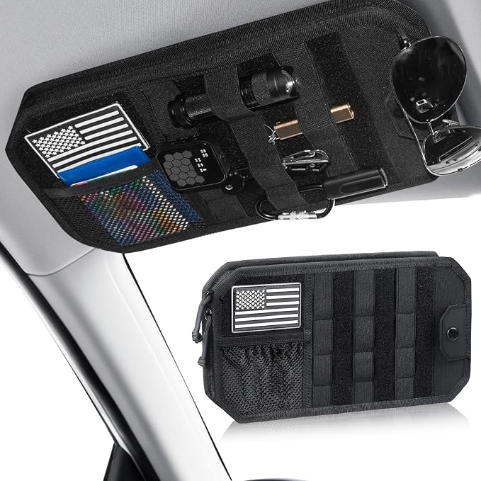 Car Sun Visor Organizer, Car Visor Organizer with Zipper, Visor Storage Pouch & Glasses Clip Molle Panel Multi-Pocket for Universal Most Vehicles SUVs Trucks