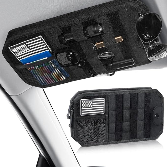 Car Sun Visor Organizer, Car Visor Organizer with Zipper, Visor Storage Pouch & Glasses Clip Molle Panel Multi-Pocket for Universal Most Vehicles SUVs Trucks